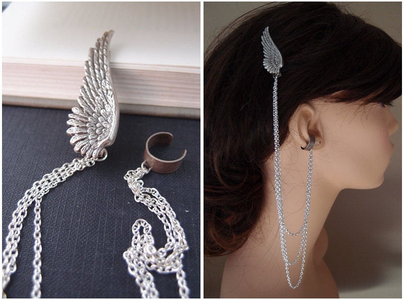Ear cuff and Hair Clip NO PIERCING--- Steampunk black angle wing,aged sterling silver plated brass dangle alligator hair clip and earring