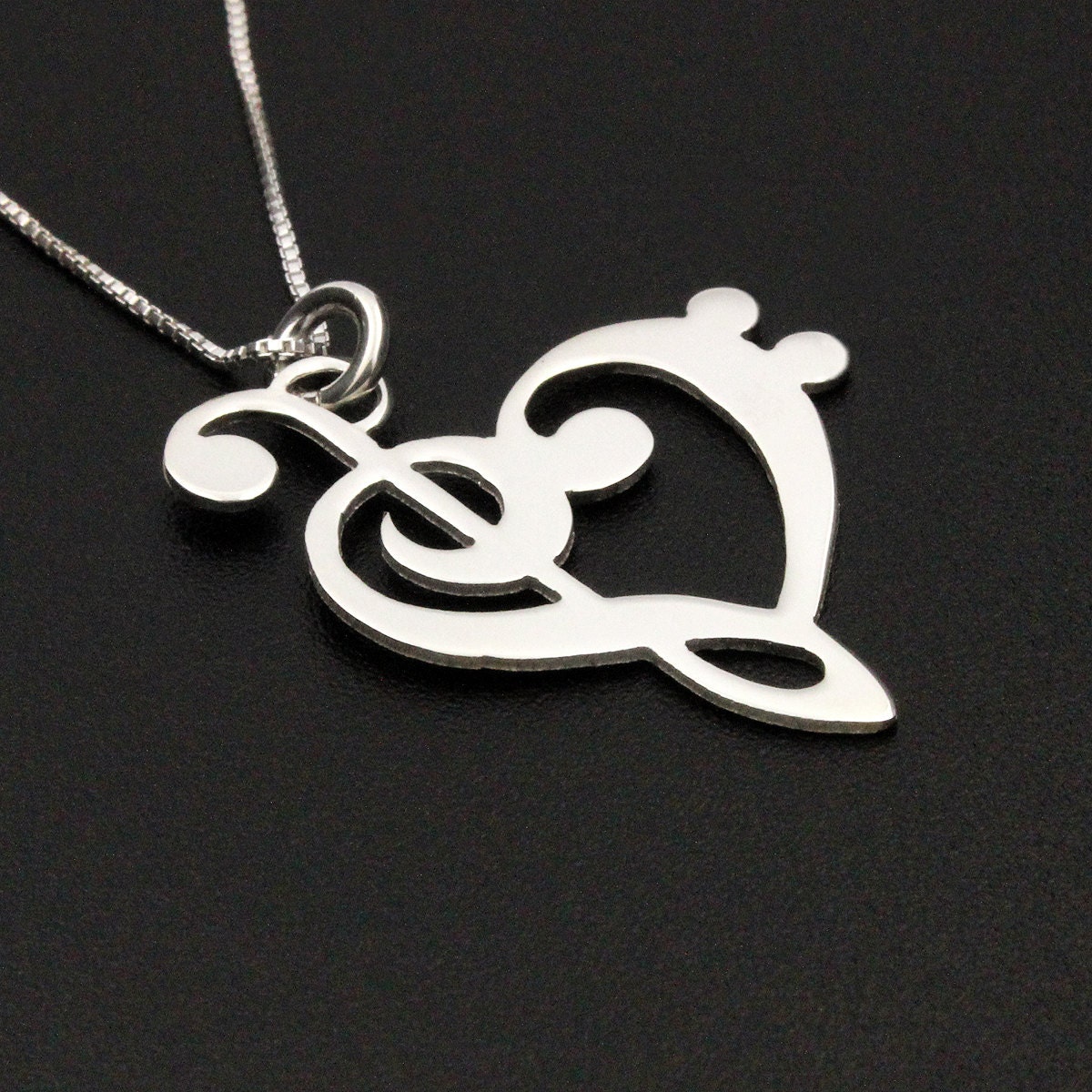music note necklace G clef bass clef heart Necklace silver music note Treble clef Pendant charm necklace 20" inches Sterling Silver Chain - Silversmith925