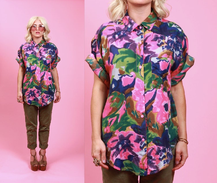 silk floral button up  collared blouse.