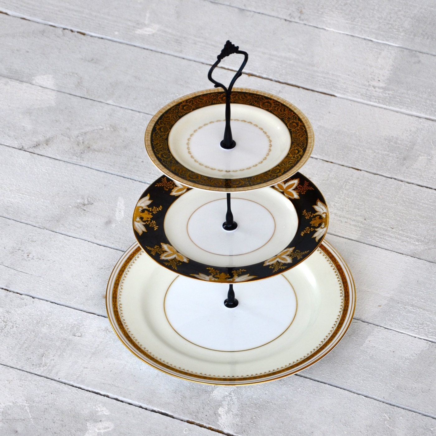 Black Lilly: Cake Stand, Gold Encrusted, Black, 3 Tier, Vintage China