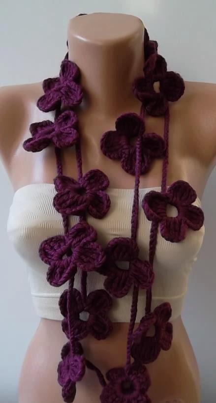 Flower Lariat Scarf Necklace--plum purple