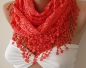 Mothers Day gift Elegant scarf Lace Triangle Scarf -It made with good quality Lace  Coral----Size large