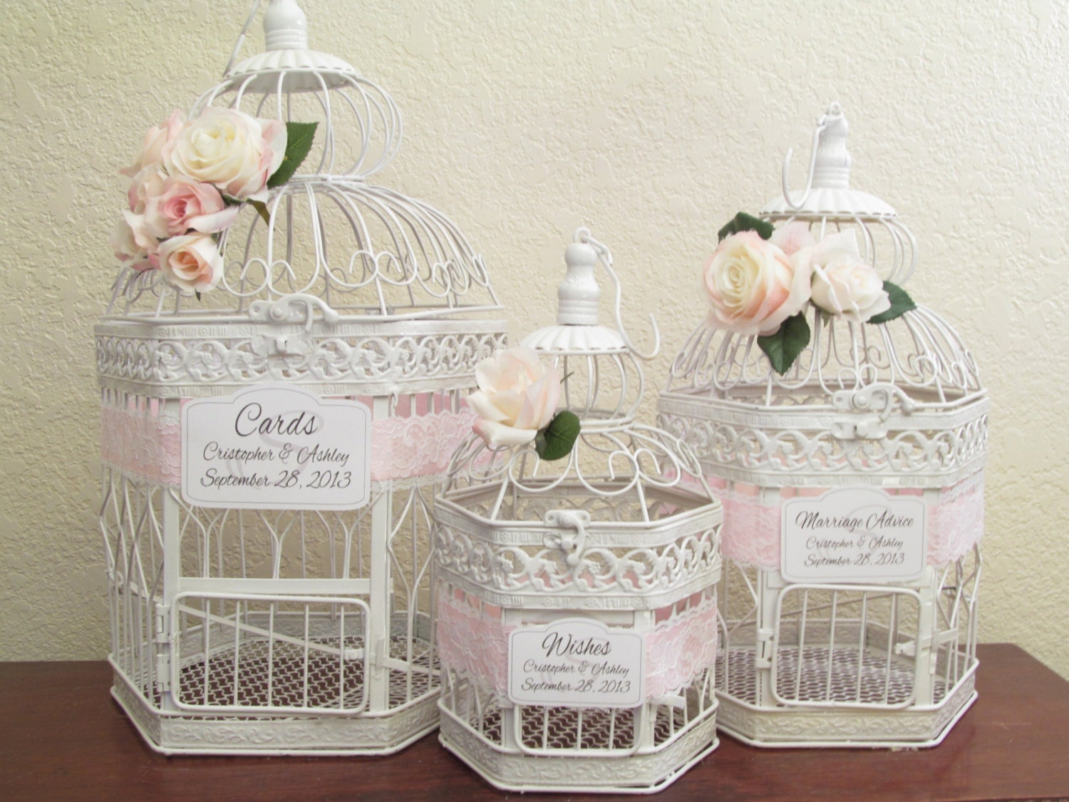 XL Set Of 3 White Bird Cage Card Holders / Lace & Roses / Wishes / Wedding Card Box Birdcage / Vintage Style