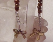 Earrings with Bow-drop dangling charms, rhinestone & Czech beads