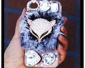 3D Fox Charm Animal Fur Clear Crystals Phone Case for iPhone 5 4S 3GS