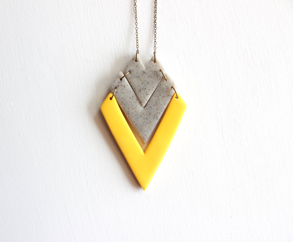 Mustard Yellow and Gray Tribal Arrow Necklace, Polymer Clay Pendant Necklace