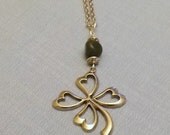 Silver Shamrock pendant necklace with green jade stone on a silver chain.  Mother's Day,  Good Luck charm.