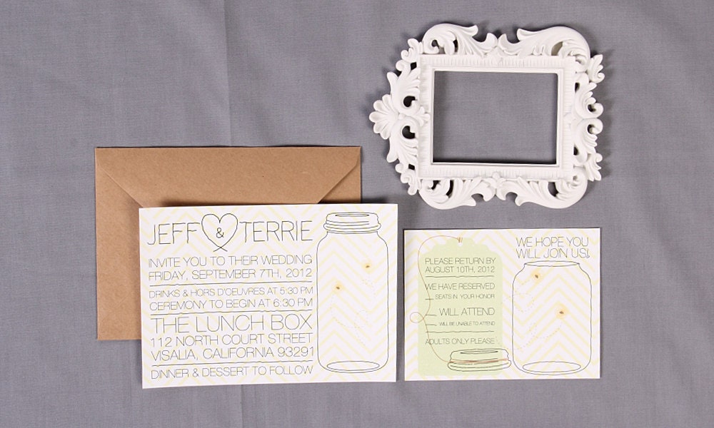 Hand Drawn Mason Jar and Chevron Wedding Invitation Set