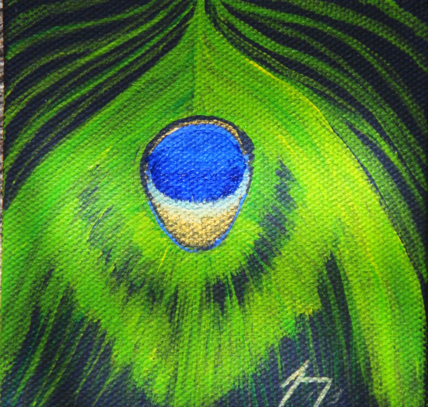 Tiny Colorful Peacock on Feather on Black Background Original Painting - Introductory SALE price