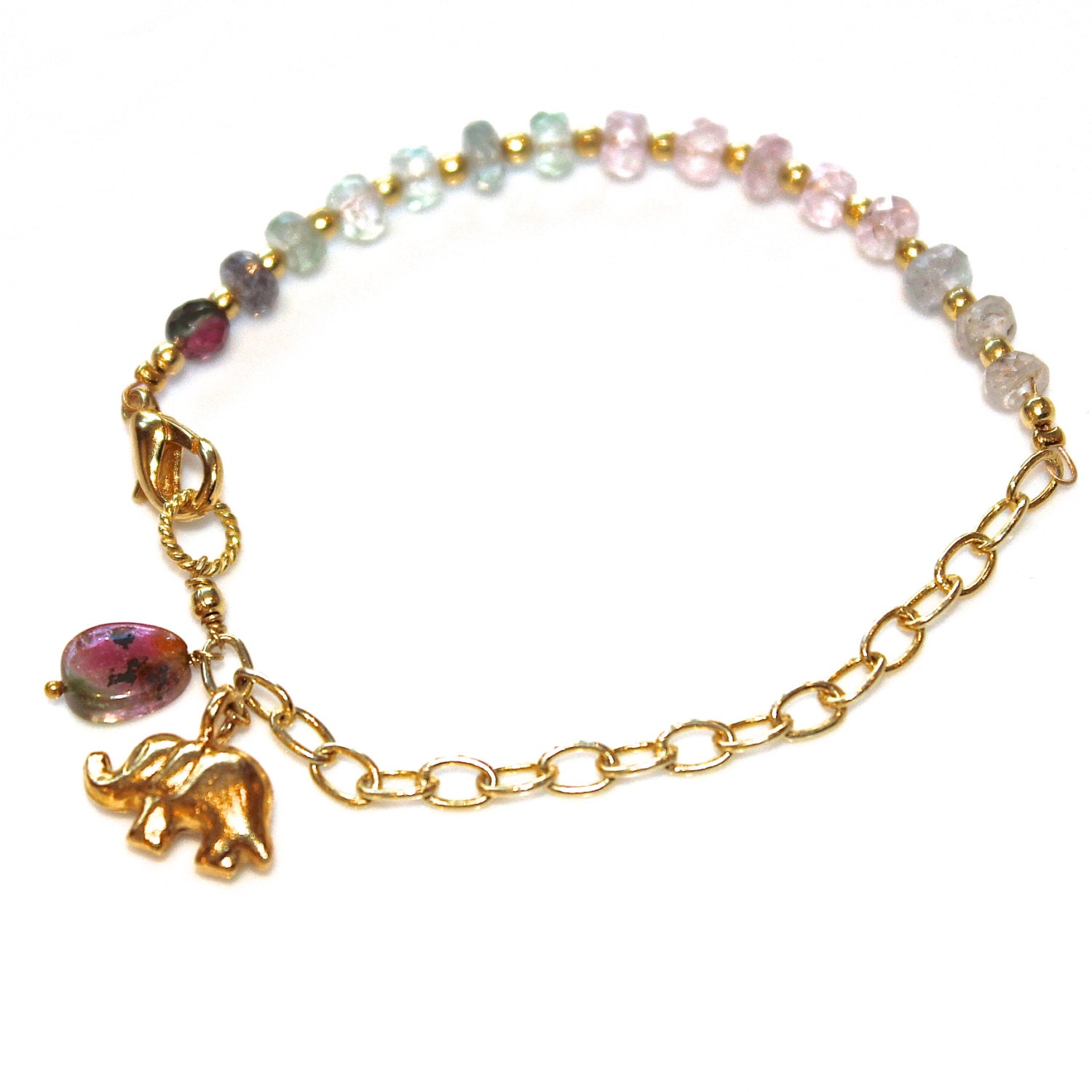 Rainbow Tourmaline Charm Bracelet Watermelon Tourmaline Slice Gold Chain Elephant Stackable Bracelets FizzCandy Gemstone Jewelry