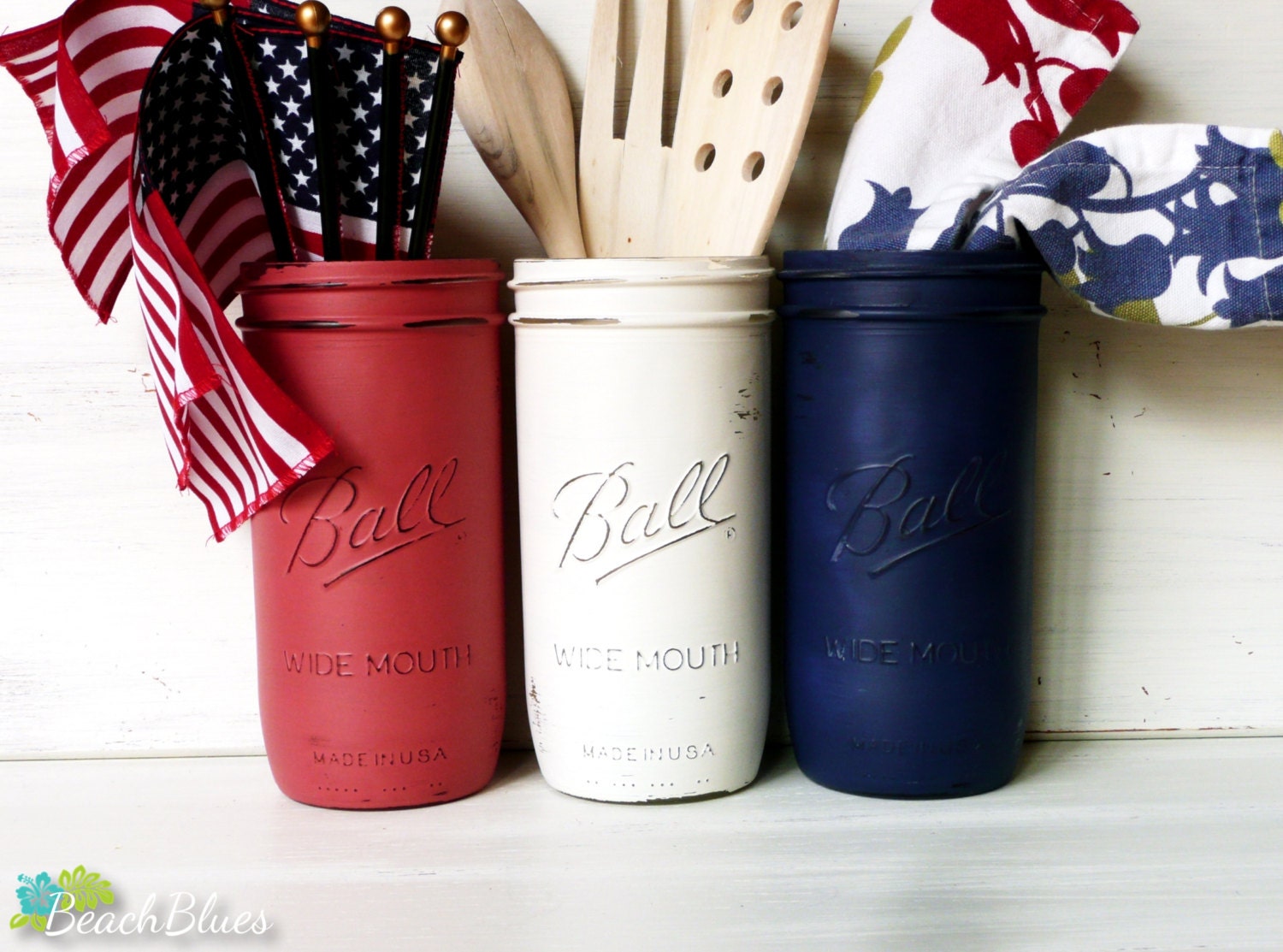 Made in the USA Red, White, Blue Painted Mason Jars / Utensil holders - Vase - Shabby Chic and Distressed