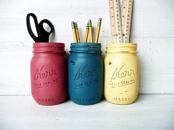 Primary Colors - Home, Dorm or Office Decor, Teacher Gift - Painted Mason Jars - Pencil Holder