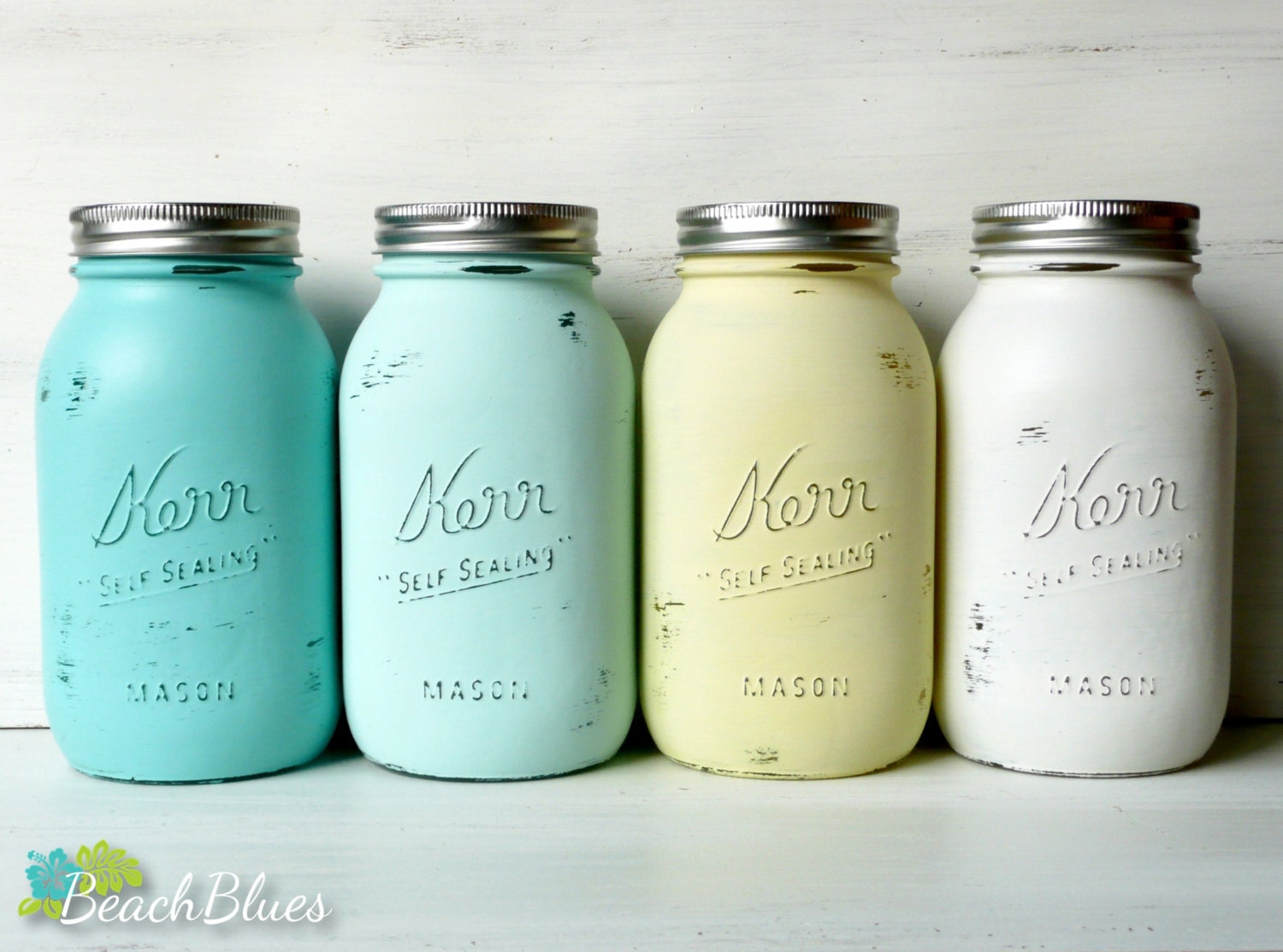 Seaside - SUMMER WEDDING and Home Decor - Painted Mason Jars - Vase