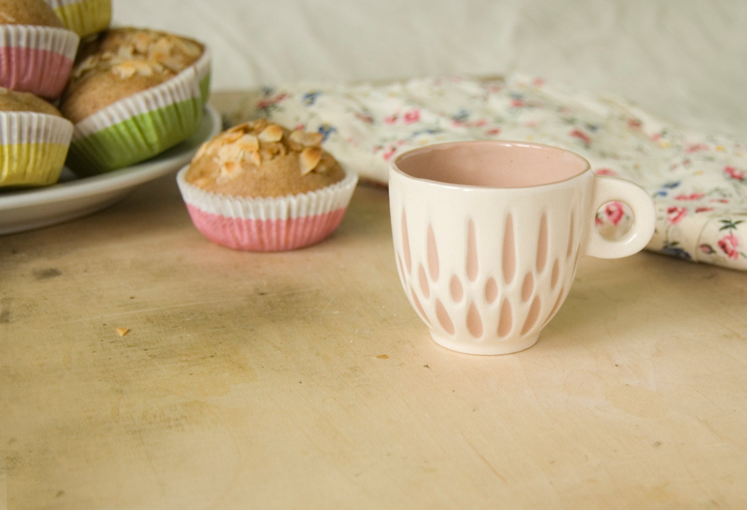 Ceramic stoneware cup coffee tea espresso - unique handmade serving decorative textured kitchen pottery morning coffee - ecru pink