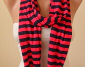 New - Pink and Dark Blue Striped Infinty Scarf  - Circle -  Loop Scarf - Combed Cotton Fabric