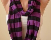 Purple and Black Striped Infinty Scarf  - Circle -  Loop Scarf - Combed Cotton Fabric