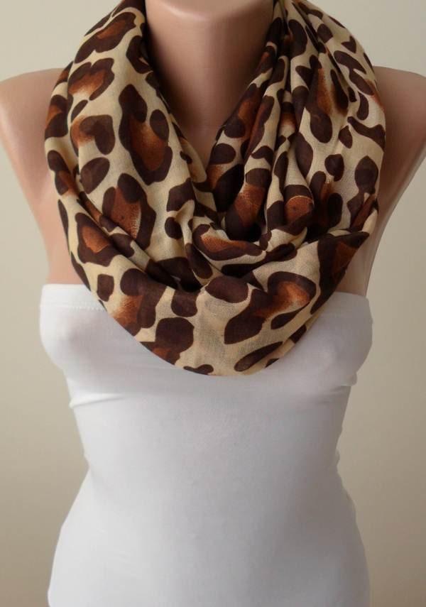 Mother's Day Gift Scarf- Beige - Caramel and Brown Leopard  Infinity Scarf - Soft Cotton Fabric