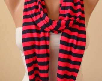 New - Pink and Dark Blue Striped Infinty Scarf  - Circle -  Loop Scarf - Combed Cotton Fabric