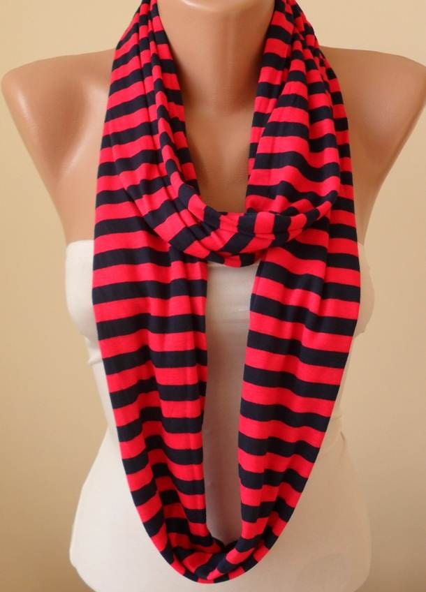 New - Pink and Dark Blue Striped Infinty Scarf  - Circle -  Loop Scarf - Combed Cotton Fabric