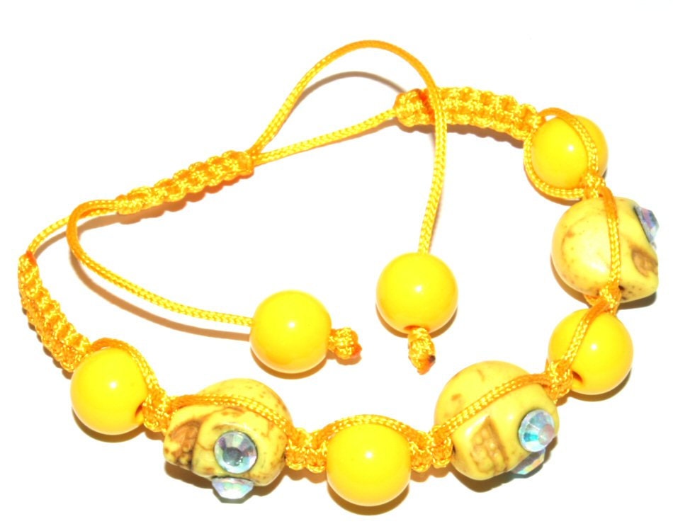 YELLOW Adjustable Rhinestone Skull Bracelet Braided Friendship Iridescent Glam Sparkle Dyed Turquoise Howlite Beads