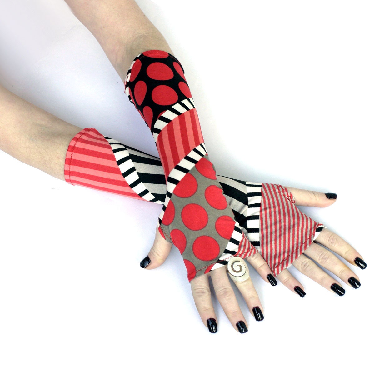 Retro Time Fingerless gloves , arm warmers , mittens - retro , vintage , victorian , brown , white , gloves, chic , red , grey , circles