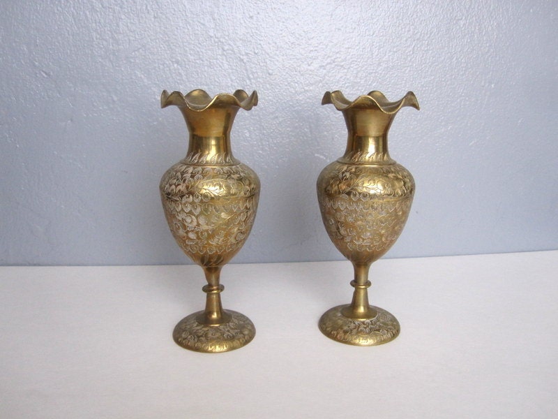 Pair of Vintage Etched Brass Indian Vases