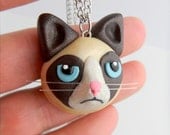 Grumpy Cat Necklace, Tardar Sauce, Tard, Internet Meme, Hand-made, Polymer Clay