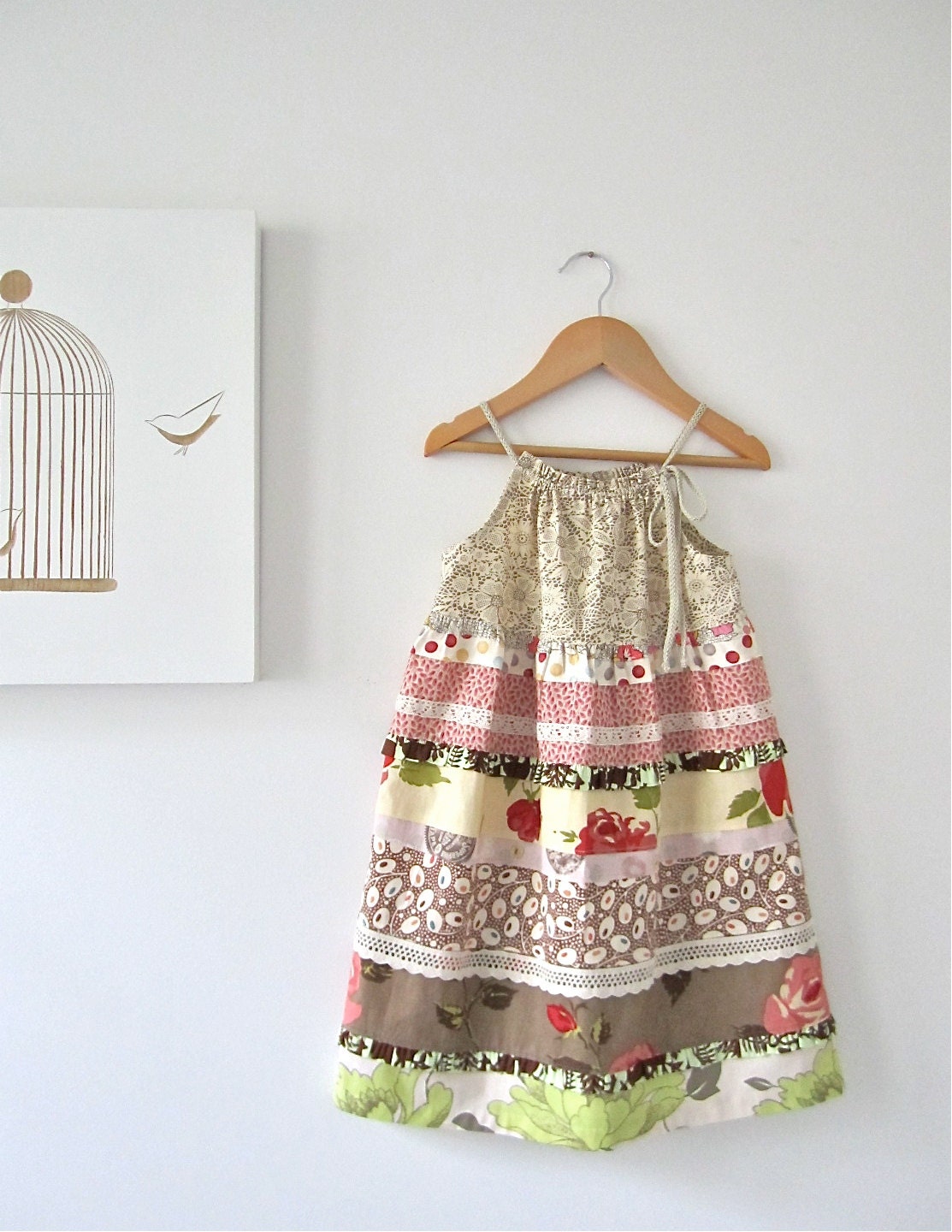 Toddler Girls Patchwork Dress-ruffles lace- floral pink brown cream red green cotton-boho spring tunic-Children Clothing by Chasing Mini