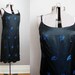 1960s Cocktail Dress Iridescent Blue Black Scalloped Hem Embroidered Fans