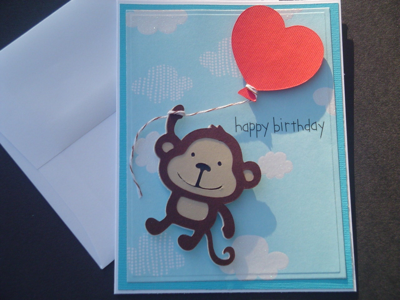 Monkey and Red Heart Balloon Happy Birthday Card , Kids Cards, Birthday Cards