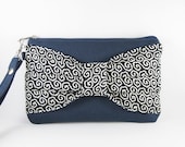 Navy Blue Big Bow Clutch,iPhone 5 Wallet,iPhone 5 Wristlet, iPhone Wristlet,Cell Phone Wristlet,Zipper Pouch,Wristlet