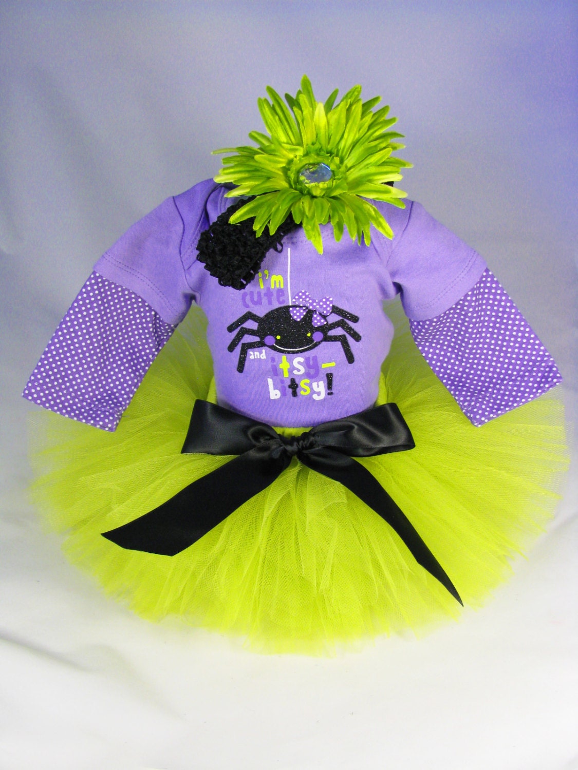 Babys First Halloween Outfit  " I'm Cute and Itsy Bitsy Spider " - Girls Tutu Bodysuit and Headband Set - Size 18 Months