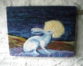 hare and moon, original felt wall art,hare and moon, hand embroidery, Bathed in moonlight