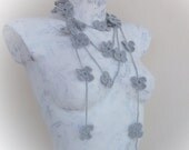 Gray Crochet Floral Lariat neck accessories-Spring Scarf - Spring Fashion - Crochet Scarf -Crochet Scarf
