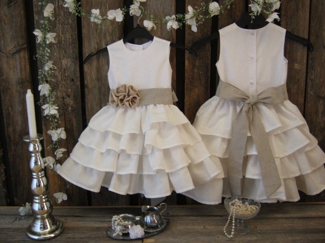 Off white linen flower girl ,ruffle dress,roses and sash. Vintage wedding, rustic, natural, romantic, formal