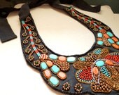 Anthropologie Inspired New Handmade Coral Turquoise Beaded Embellished Sequin Bib Statement Collar Ribbon Necklace Spring Summer Party