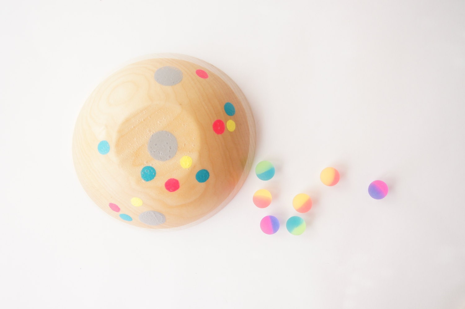 Wooden Salad Bowl, 7" Neon Polka Dots, Modern Decor