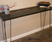 Console table made of reclaimed wood from vintage barge destroyed by Japanese Tsunami. Beautiful patina, mid century modern/industrial. Nice