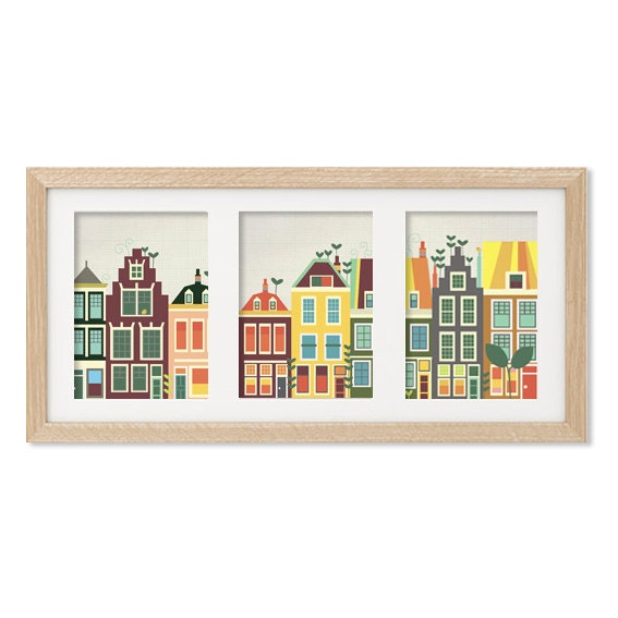 Baby Went to Amsterdam Poster : Illustrations 3 mini Art Retro Decor prints in 4 x 6 Holland Townhouses