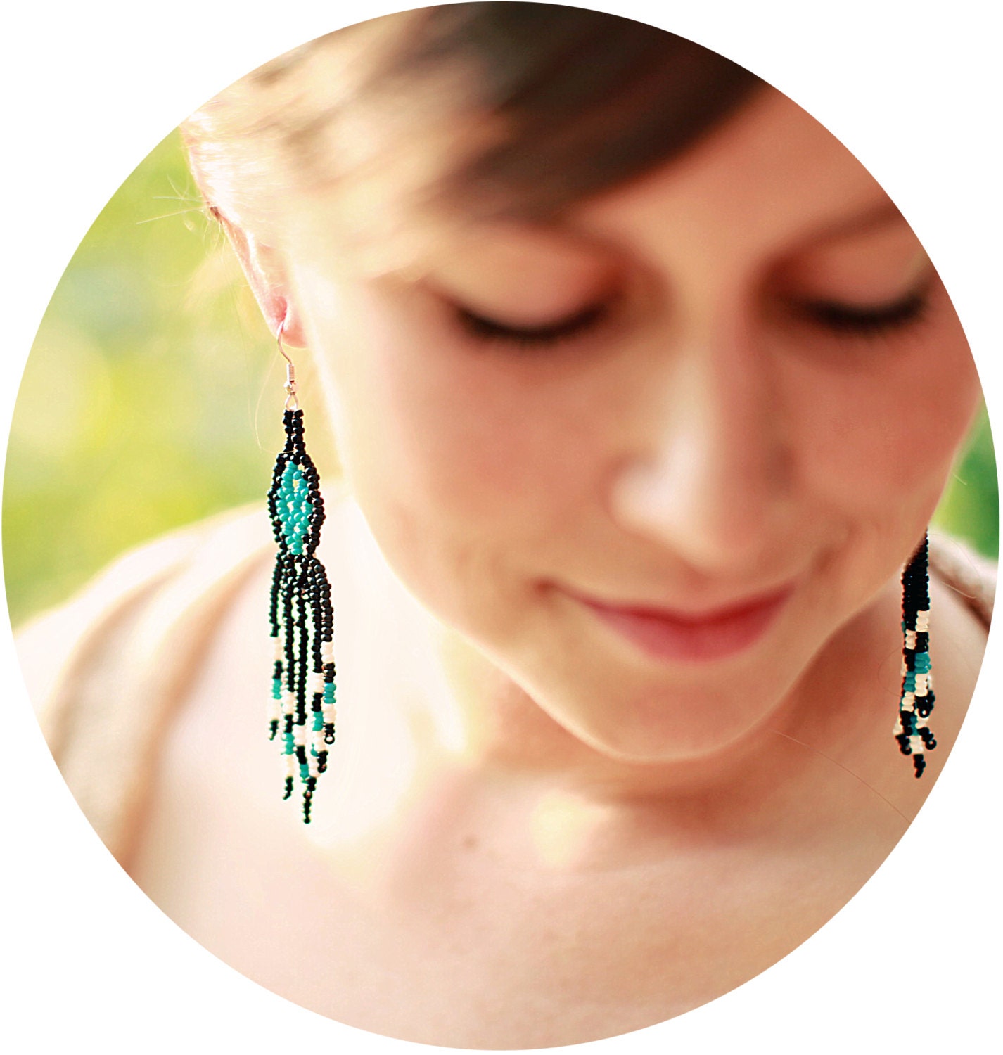 Turquoise, Black, & White Fringe Earrings - Handmade - Long