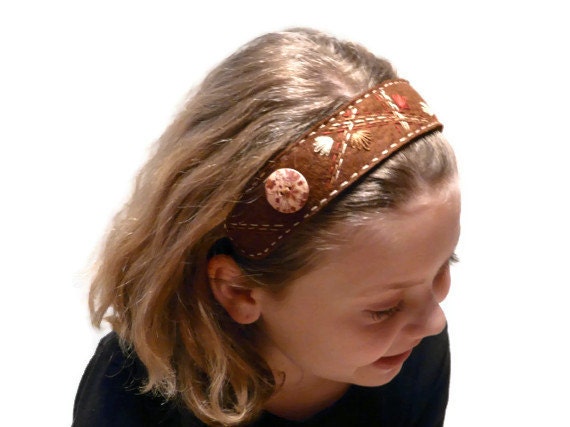 Felt headband Hand embroidered chocolate brown wool with flowers and button