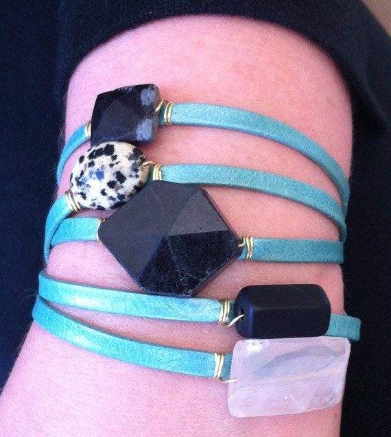 Wrap Bracelet in Pale Blue Leather with Semi-Precious Stones Onyx, Jasper, and Rose Quartz