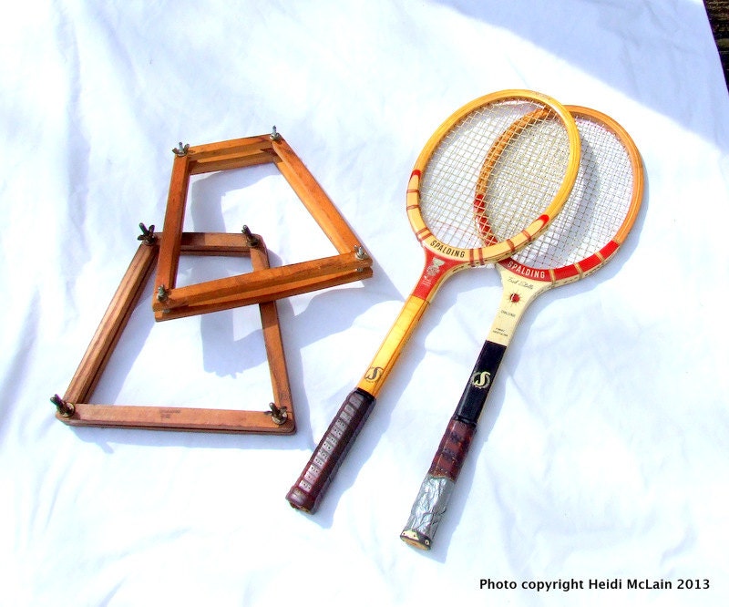 Pair of Vintage Spalding Wooden Tennis Rackets and Wooden Frames
