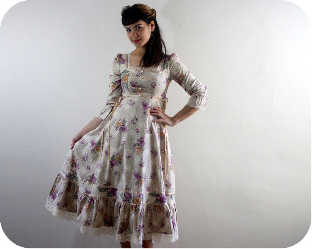70s FRUIT BASKET DRESS - Vintage Gunne Sax Style Midi Dress - Novelty Print Cotton Summer Prairie Dress - xs / small