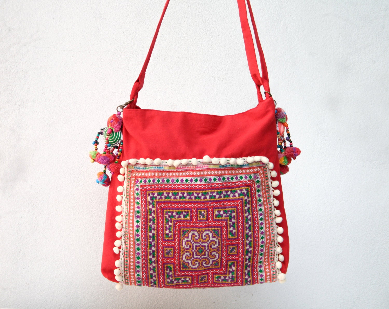 Red Traditional Tribal Cross Stitch Messenger Bag, Boho/Oriental/Gypsy, Diaper Bag