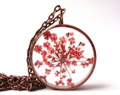 Pretty Red Queen Anne's Lace  Pendant - Real pressed flower encased in resin with open back copper pipe bezel, Pressed Flower Jewelry