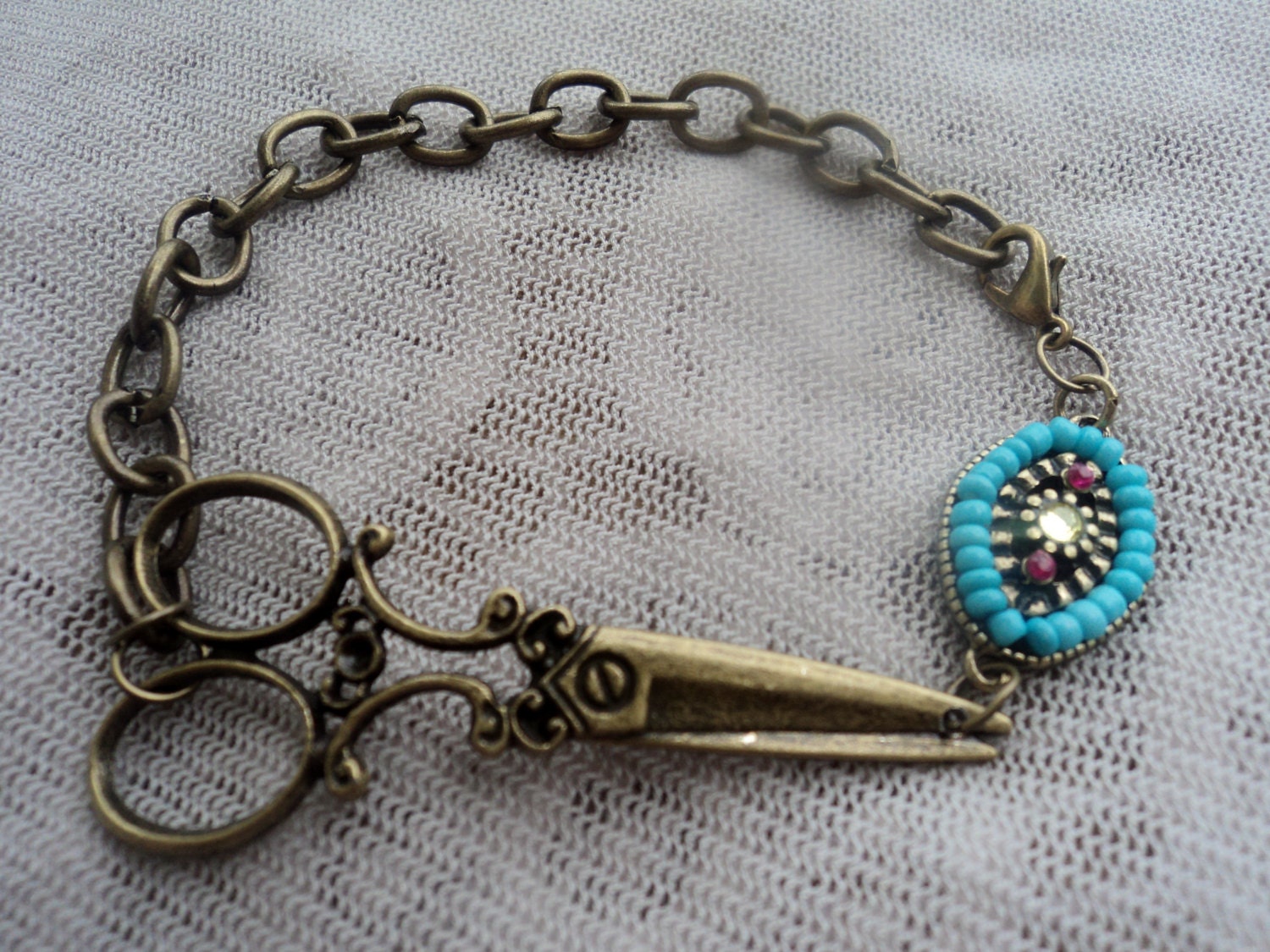 Native Beaded and Bronze Hair Stylist Scissor Charm Bracelet