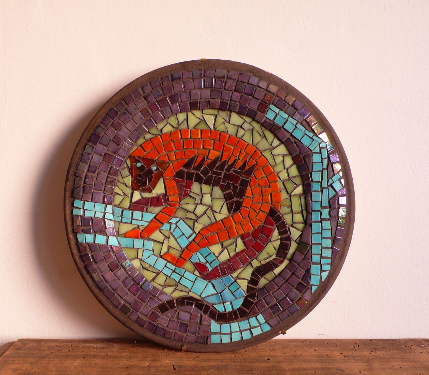 violet orange art glass mosaic on plate MACACO - monkey futurisme depero, animal jungle