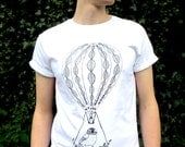 White Mens T-shirt hand screen printed onto Organic cotton with eco-friendly inks. A bird moving house. . .