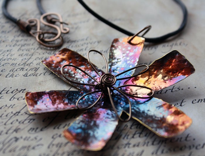 Flame Painted Copper Flower Pendant